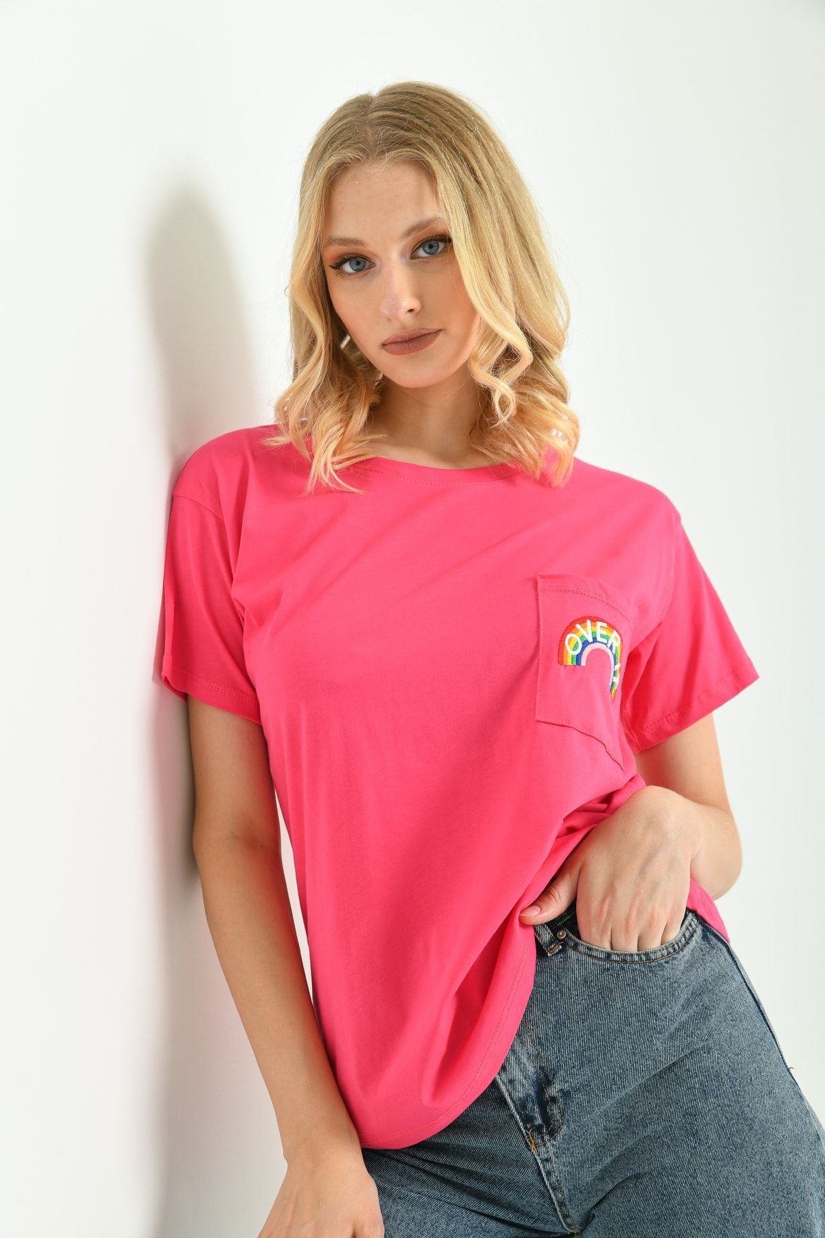 Kadın Cep Nakışlı T-shirt Fuşya - M