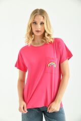 Kadın Cep Nakışlı T-shirt Fuşya - M