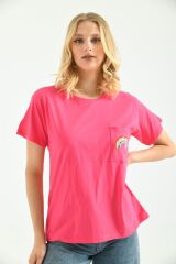 Kadın Cep Nakışlı T-shirt Fuşya - M