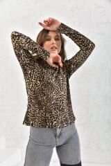 Kadın Leopar Desen Balıkçı Yaka Uzun Kollu Bluz Leopar - M