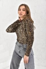 Kadın Leopar Desen Balıkçı Yaka Uzun Kollu Bluz Leopar - M