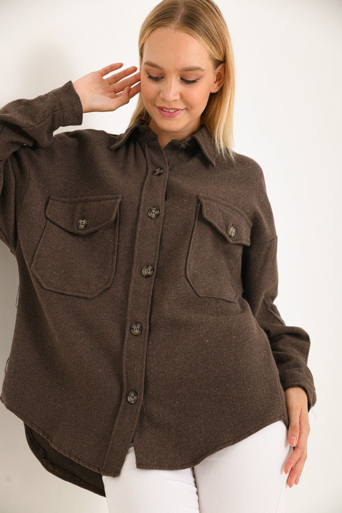 Kadın Oversize Kaşe Gömlek