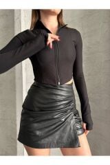 Kadın Boydan Fermuarlı Bluz Siyah - S