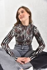 Kadın Kahverengi Zebra Desen Balıkçı Yaka Uzun Kollu Bluz