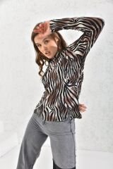 Kadın Kahverengi Zebra Desen Balıkçı Yaka Uzun Kollu Bluz