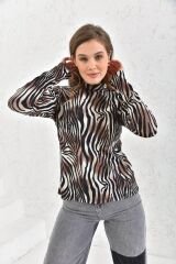 Kadın Kahverengi Zebra Desen Balıkçı Yaka Uzun Kollu Bluz