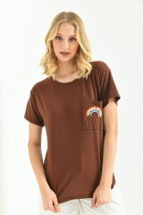Kadın Cep Nakışlı T-shirt Kahverengi - S
