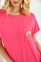 Kadın Cep Nakışlı T-shirt Fuşya - L