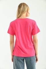 Kadın Cep Nakışlı T-shirt Fuşya - L