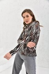 Kadın Kahverengi Zebra Desen Balıkçı Yaka Uzun Kollu Bluz Kahverengi - S