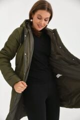 Kadın Kapüşonlu Kapitone Mont Haki - XL