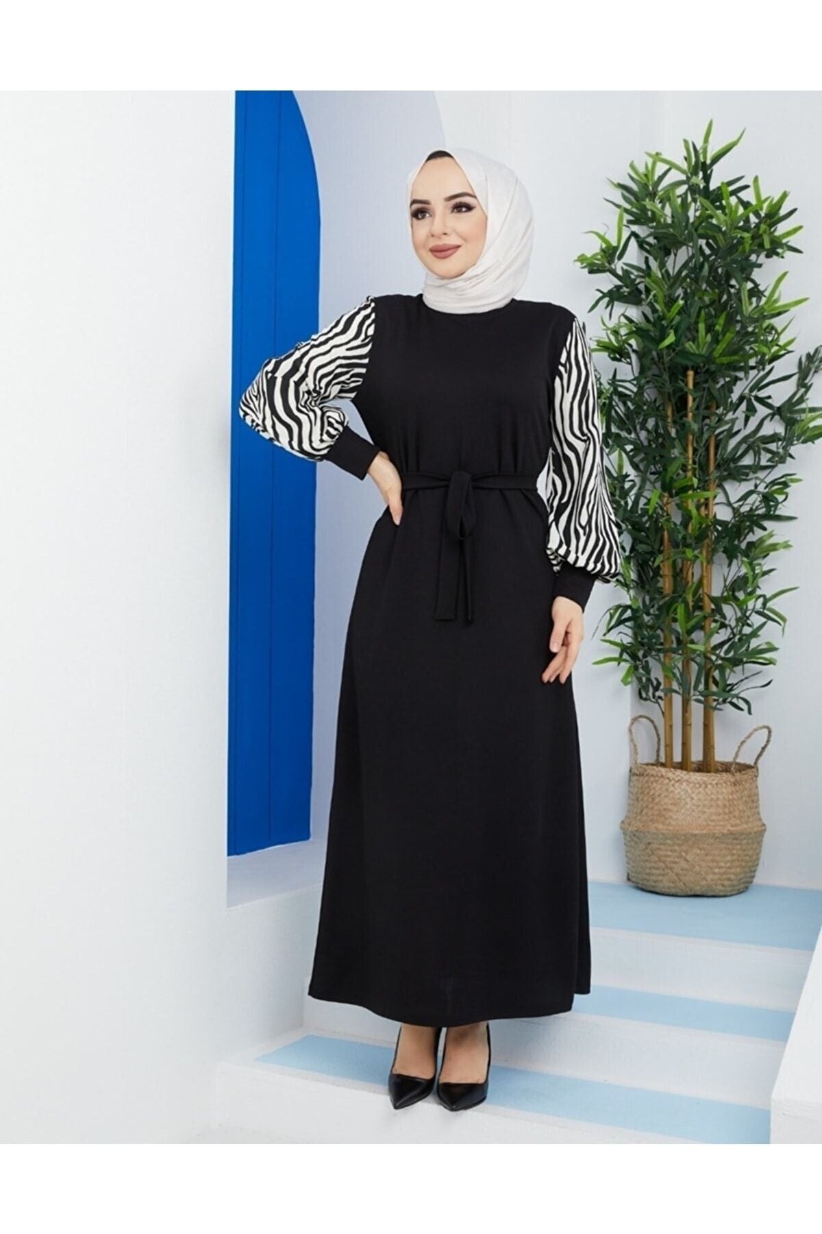 Zebra Desenli Uzun Boy Tesettür Elbise