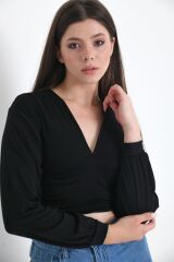 Kadın Derin V Yaka Uzun Kollu Bluz Siyah - L