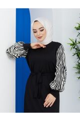 Zebra Desenli Uzun Boy Tesettür Elbise Siyah - 42