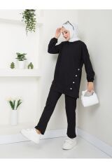 Kadın Düğme Detaylı Crep Takım Siyah - XL