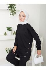 Kadın Düğme Detaylı Crep Takım Siyah - 2XL