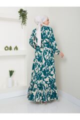 Kadın Çiçek Desenli Maxi Boy Kuşaklı Elbise Yeşil - S