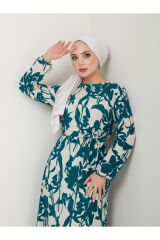 Kadın Çiçek Desenli Maxi Boy Kuşaklı Elbise Yeşil - S
