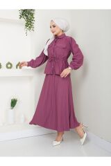 Kadın Bel Büzgülü Gömlek Yaka Çizgili Etekli Takım MÜRDÜM - 2XL