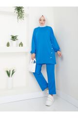 Kadın Düğme Detaylı Crep Takım Mavi - XL