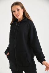 Kadın Fermuarlı Kapüşonlu Sweatshirt Siyah - 38