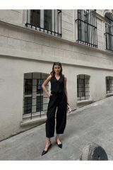 Kadın Premium Kumaş Yelekli Şalvar Kesim Pantolonlu Takım Siyah - M