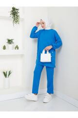 Kadın Düğme Detaylı Crep Takım Mavi - L