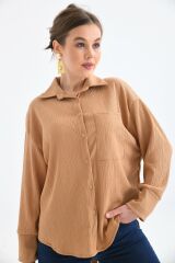 Kadın Sırt Düğmeli Oversize Gömlek Bej - L