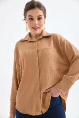 Kadın Sırt Düğmeli Oversize Gömlek Bej - L