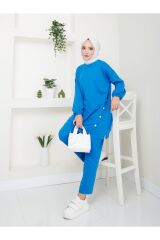 Kadın Düğme Detaylı Crep Takım Mavi - S