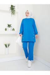 Kadın Düğme Detaylı Crep Takım Mavi - S