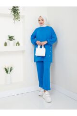 Kadın Düğme Detaylı Crep Takım Mavi - S
