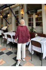 Kadın Kol Detaylı Gold Düğmeli Tesettür Gömlek Bordo - Standart