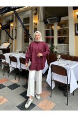 Kadın Kol Detaylı Gold Düğmeli Tesettür Gömlek Bordo - Standart