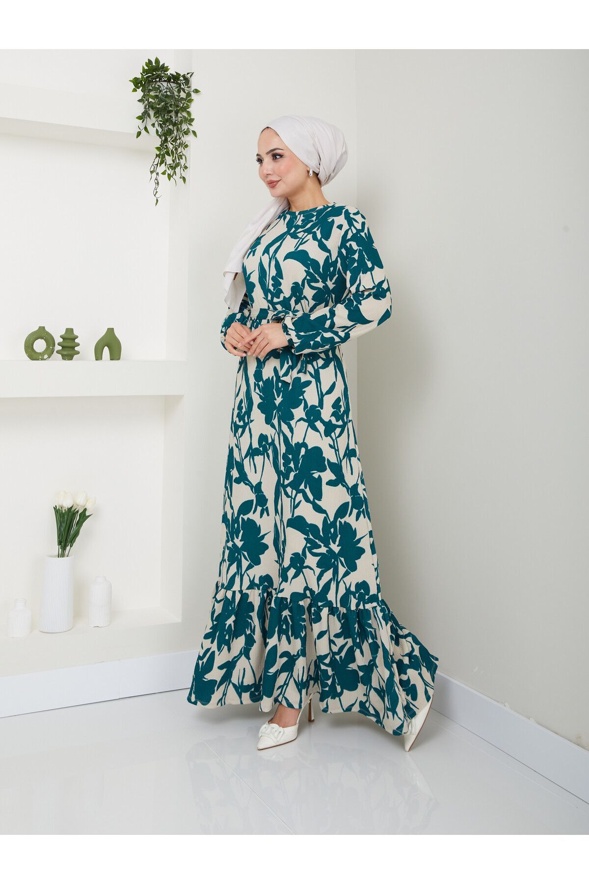 Kadın Çiçek Desenli Maxi Boy Kuşaklı Elbise Yeşil - XL