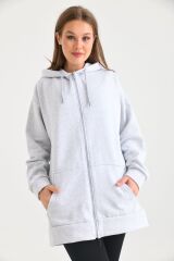 Kadın Fermuarlı Kapüşonlu Sweatshirt Gri - 38