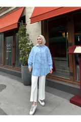 Kadın Kol Detaylı Gold Düğmeli Tesettür Gömlek Mavi - Standart