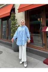 Kadın Kol Detaylı Gold Düğmeli Tesettür Gömlek Mavi - Standart