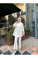 Kadın Kol Detaylı Gold Düğmeli Tesettür Gömlek Beyaz - Standart