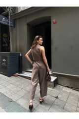 Kadın Premium Kumaş Yelekli Şalvar Kesim Pantolonlu Takım Kahverengi - L