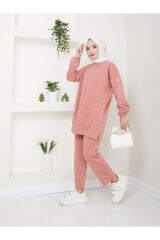 Kadın Düğme Detaylı Crep Takım PUDRA - XL