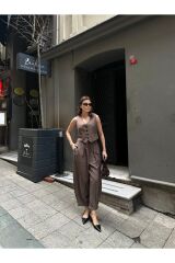 Kadın Premium Kumaş Yelekli Şalvar Kesim Pantolonlu Takım Kahverengi - S