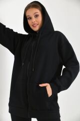 Kadın Fermuarlı Kapüşonlu Sweatshirt Siyah - S