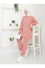 Kadın Düğme Detaylı Crep Takım PUDRA - 2XL