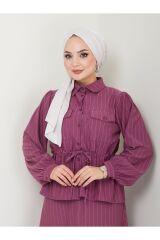 Kadın Bel Büzgülü Gömlek Yaka Çizgili Etekli Takım MÜRDÜM - L