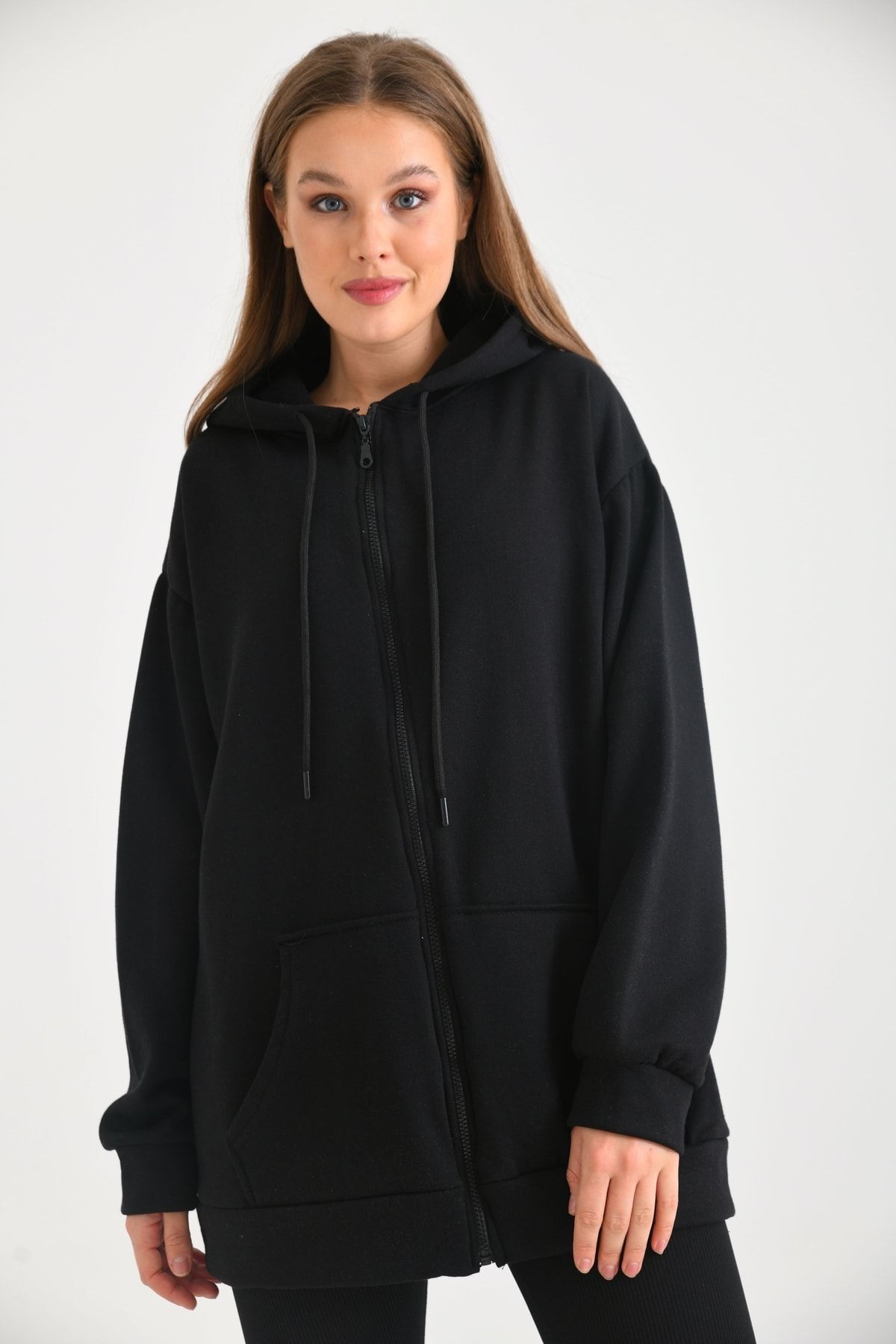Kadın Fermuarlı Kapüşonlu Sweatshirt Siyah - M