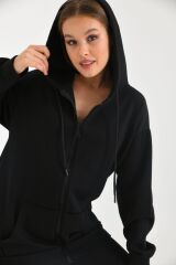 Kadın Fermuarlı Kapüşonlu Sweatshirt Siyah - M
