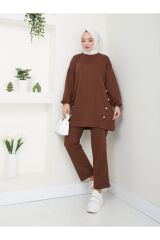 Kadın Düğme Detaylı Crep Takım Kahverengi - XL