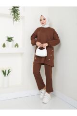 Kadın Düğme Detaylı Crep Takım Kahverengi - XL