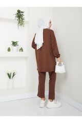 Kadın Düğme Detaylı Crep Takım Kahverengi - XL
